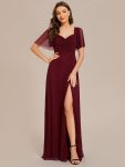 Glittery A-Line High Slit Elastic Waist Short Sleeves Back Lace-Up Bridesmaid Dress - Burgundy