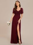 Glittery A-Line High Slit Elastic Waist Short Sleeves Back Lace-Up Bridesmaid Dress – Burgundy