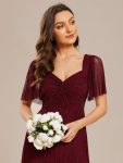 Glittery A-Line High Slit Elastic Waist Short Sleeves Back Lace-Up Bridesmaid Dress – Burgundy