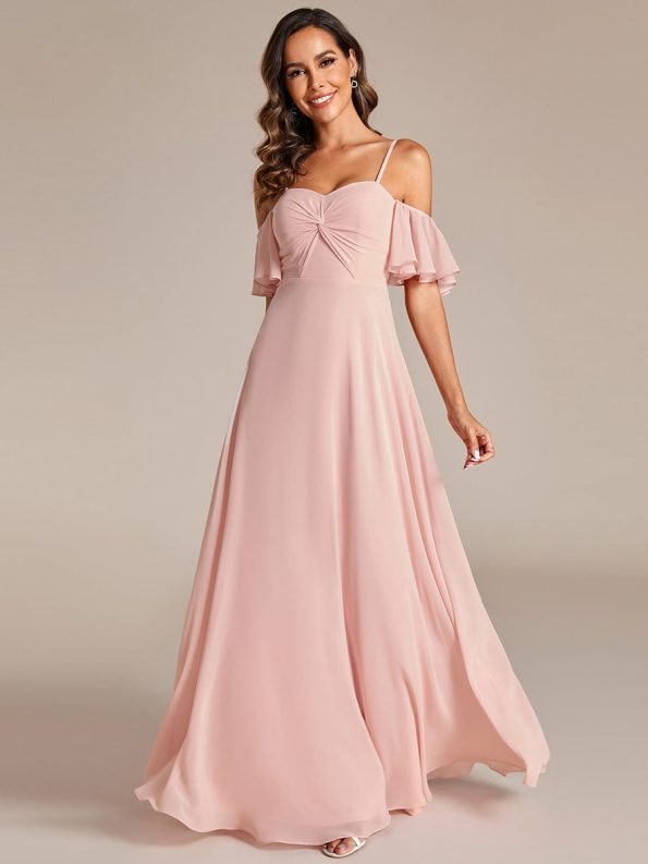 Spaghetti Strap Sweetheart Chiffon A-line Bridesmaid Dress with Knot - Pink