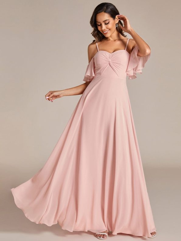 Spaghetti Strap Sweetheart Chiffon A-line Bridesmaid Dress with Knot - Pink