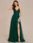 Spaghetti Straps Cross-Back Lace Top A-Line High Slit Tulle Bridesmaid Dress - Dark Green