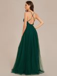 Spaghetti Straps Cross-Back Lace Top A-Line High Slit Tulle Bridesmaid Dress – Dark Green