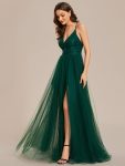 Spaghetti Straps Cross-Back Lace Top A-Line High Slit Tulle Bridesmaid Dress – Dark Green