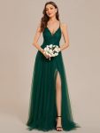 Spaghetti Straps Cross-Back Lace Top A-Line High Slit Tulle Bridesmaid Dress – Dark Green