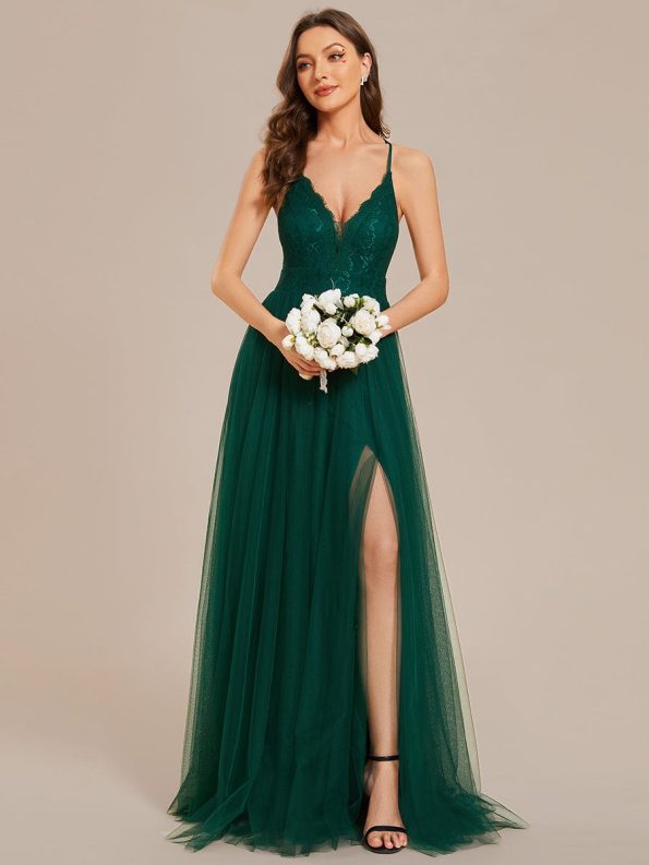 Spaghetti Straps Cross-Back Lace Top A-Line High Slit Tulle Bridesmaid Dress - Dark Green