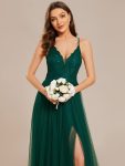 Spaghetti Straps Cross-Back Lace Top A-Line High Slit Tulle Bridesmaid Dress – Dark Green