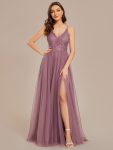 Spaghetti Straps Cross-Back Lace Top A-Line High Slit Tulle Bridesmaid Dress – Purple Orchid