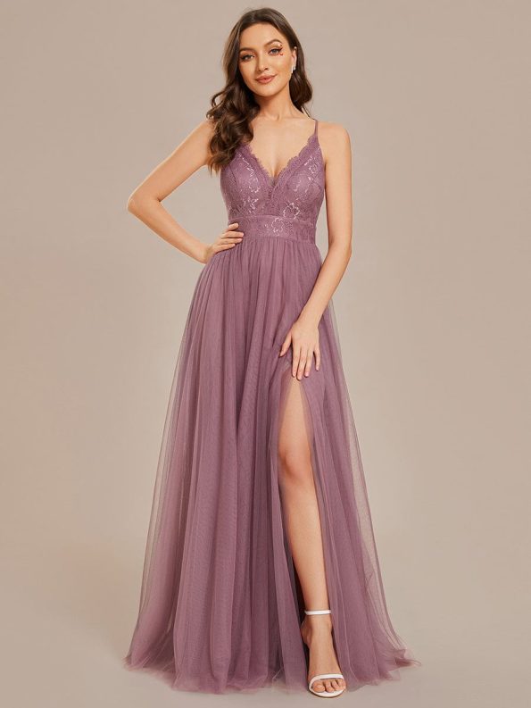 Spaghetti Straps Cross-Back Lace Top A-Line High Slit Tulle Bridesmaid Dress - Purple Orchid