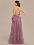 Spaghetti Straps Cross-Back Lace Top A-Line High Slit Tulle Bridesmaid Dress – Purple Orchid