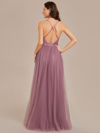 Spaghetti Straps Cross-Back Lace Top A-Line High Slit Tulle Bridesmaid Dress - Purple Orchid