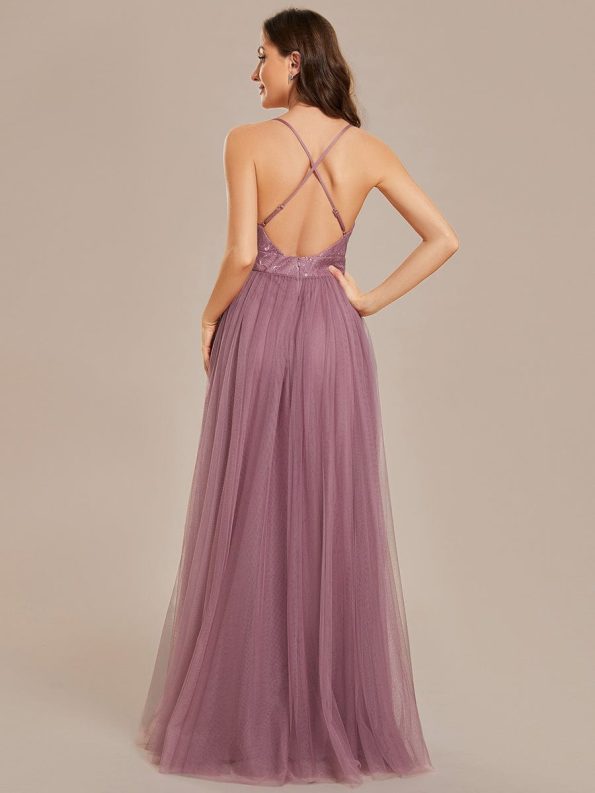 Spaghetti Straps Cross-Back Lace Top A-Line High Slit Tulle Bridesmaid Dress - Purple Orchid