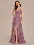 Spaghetti Straps Cross-Back Lace Top A-Line High Slit Tulle Bridesmaid Dress – Purple Orchid