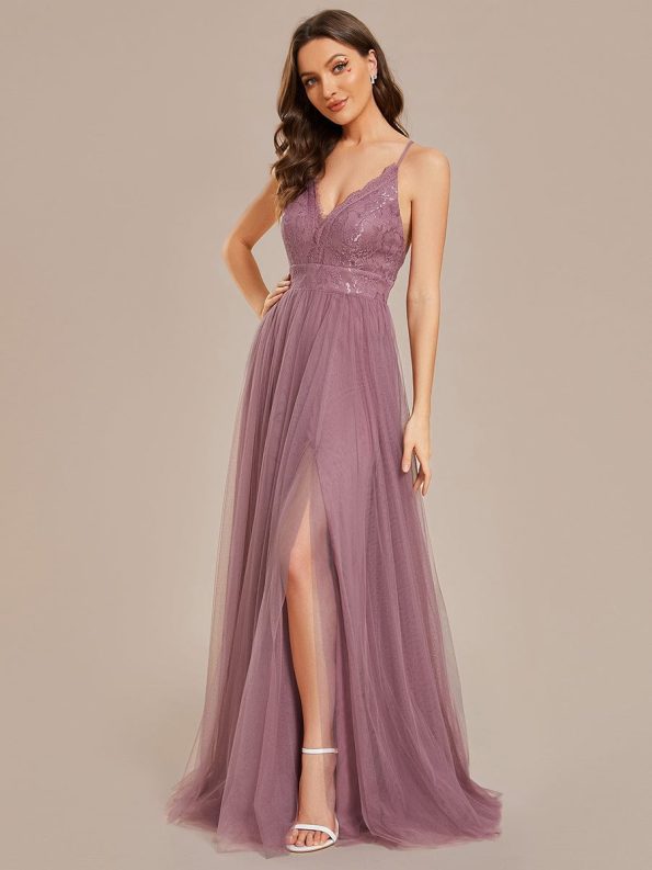 Spaghetti Straps Cross-Back Lace Top A-Line High Slit Tulle Bridesmaid Dress - Purple Orchid