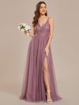 Spaghetti Straps Cross-Back Lace Top A-Line High Slit Tulle Bridesmaid Dress – Purple Orchid