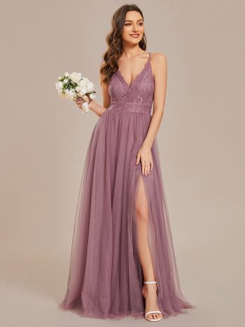 Spaghetti Straps Cross-Back Lace Top A-Line High Slit Tulle Bridesmaid Dress - Purple Orchid