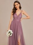 Spaghetti Straps Cross-Back Lace Top A-Line High Slit Tulle Bridesmaid Dress – Purple Orchid