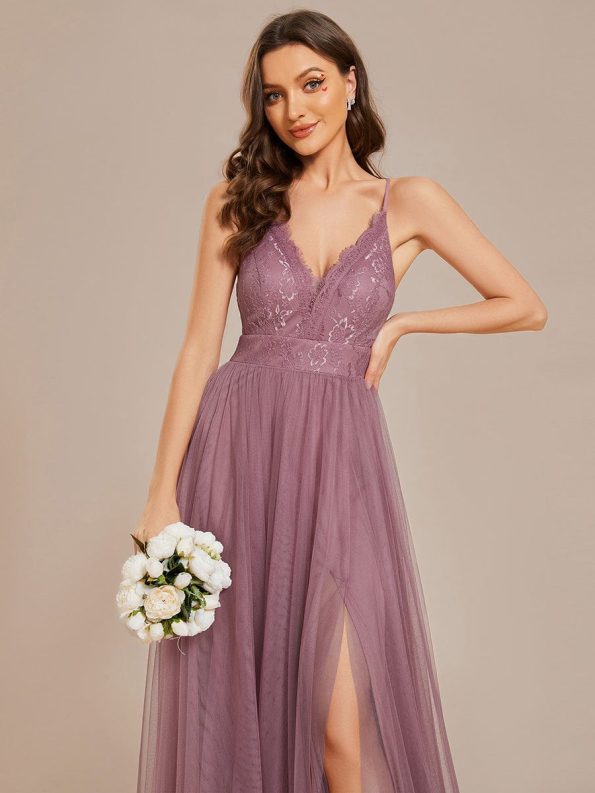 Spaghetti Straps Cross-Back Lace Top A-Line High Slit Tulle Bridesmaid Dress - Purple Orchid