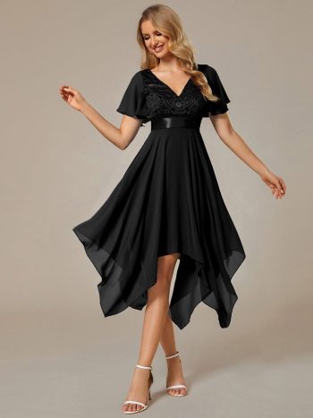 Asymmetrical Hem Empire Waist Short Sleeves Knee-Length Bridesmaid Dress - Black