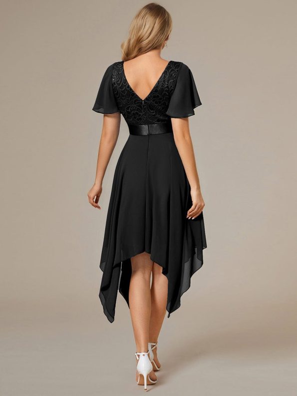 Asymmetrical Hem Empire Waist Short Sleeves Knee-Length Bridesmaid Dress - Black