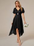 Asymmetrical Hem Empire Waist Short Sleeves Knee-Length Bridesmaid Dress – Black