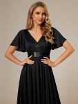 Asymmetrical Hem Empire Waist Short Sleeves Knee-Length Bridesmaid Dress – Black