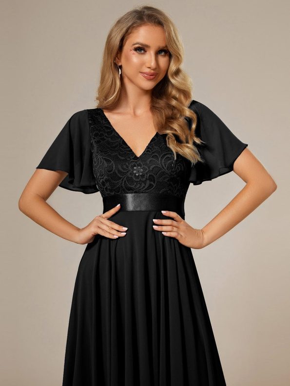 Asymmetrical Hem Empire Waist Short Sleeves Knee-Length Bridesmaid Dress - Black