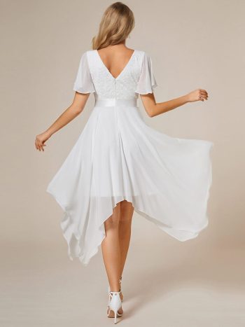Asymmetrical Hem Empire Waist Short Sleeves Knee-Length Bridesmaid Dress - Cream