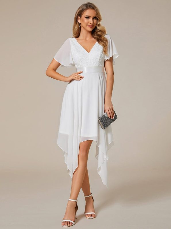 Asymmetrical Hem Empire Waist Short Sleeves Knee-Length Bridesmaid Dress - Cream