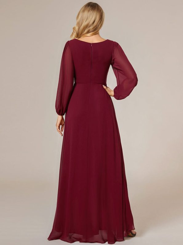 A-Line Pleated See-Through Long Lantern Midi Chiffon Bridesmaid Dress - Burgundy