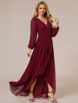 A-Line Pleated See-Through Long Lantern Midi Chiffon Bridesmaid Dress – Burgundy