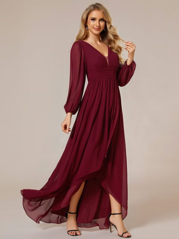 A-Line Pleated See-Through Long Lantern Midi Chiffon Bridesmaid Dress - Burgundy