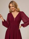 A-Line Pleated See-Through Long Lantern Midi Chiffon Bridesmaid Dress – Burgundy