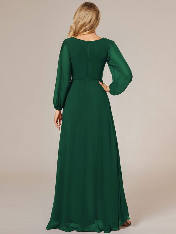 A-Line Pleated See-Through Long Lantern Midi Chiffon Bridesmaid Dress - Dark Green