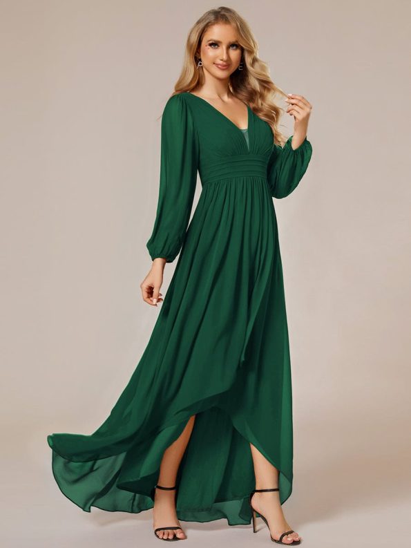 A-Line Pleated See-Through Long Lantern Midi Chiffon Bridesmaid Dress - Dark Green