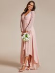 A-Line Pleated See-Through Long Lantern Midi Chiffon Bridesmaid Dress – Pink