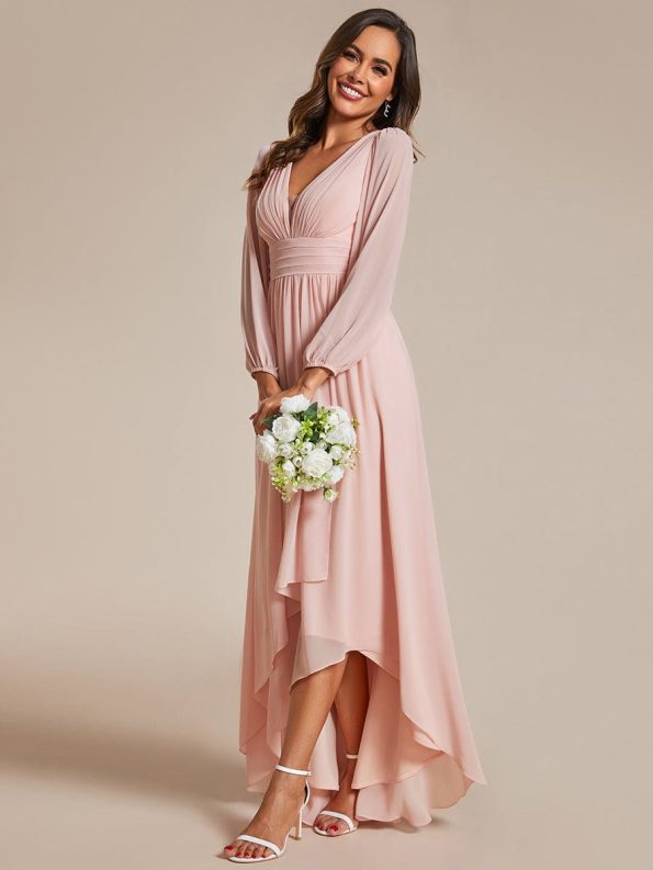 A-Line Pleated See-Through Long Lantern Midi Chiffon Bridesmaid Dress - Pink