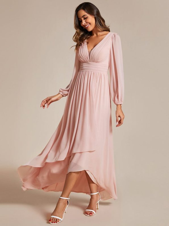 A-Line Pleated See-Through Long Lantern Midi Chiffon Bridesmaid Dress - Pink