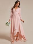 A-Line Pleated See-Through Long Lantern Midi Chiffon Bridesmaid Dress – Pink