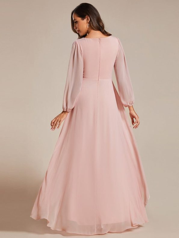 A-Line Pleated See-Through Long Lantern Midi Chiffon Bridesmaid Dress - Pink