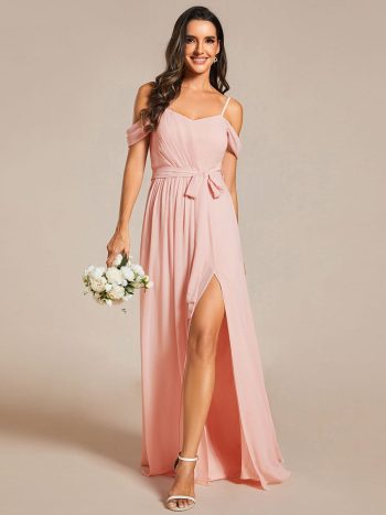 Sweetheart Neckline Cold Shoulder Chiffon Bridesmaid Dress - Pink