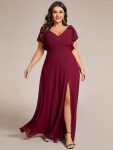 Short Sleeves with Bowknot High Front Slit A-Line Chiffon Bridesmaid Dress – Burgundy