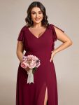 Short Sleeves with Bowknot High Front Slit A-Line Chiffon Bridesmaid Dress – Burgundy