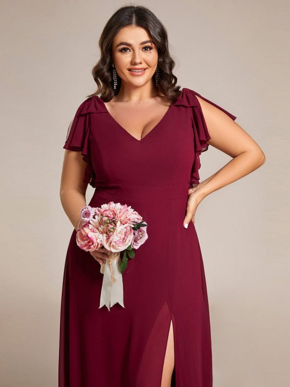 Short Sleeves with Bowknot High Front Slit A-Line Chiffon Bridesmaid Dress - Burgundy