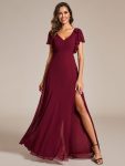 Short Sleeves with Bowknot High Front Slit A-Line Chiffon Bridesmaid Dress – Burgundy