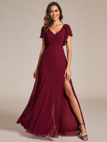 Short Sleeves with Bowknot High Front Slit A-Line Chiffon Bridesmaid Dress - Burgundy