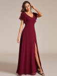 Short Sleeves with Bowknot High Front Slit A-Line Chiffon Bridesmaid Dress – Burgundy