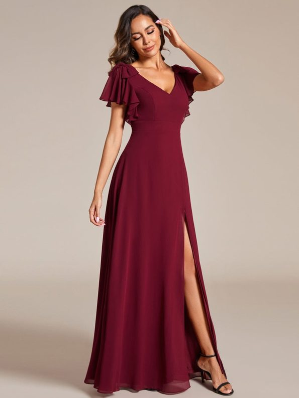 Short Sleeves with Bowknot High Front Slit A-Line Chiffon Bridesmaid Dress - Burgundy