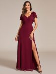 Short Sleeves with Bowknot High Front Slit A-Line Chiffon Bridesmaid Dress – Burgundy