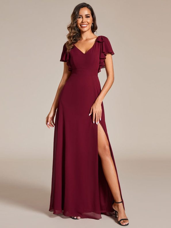 Short Sleeves with Bowknot High Front Slit A-Line Chiffon Bridesmaid Dress - Burgundy